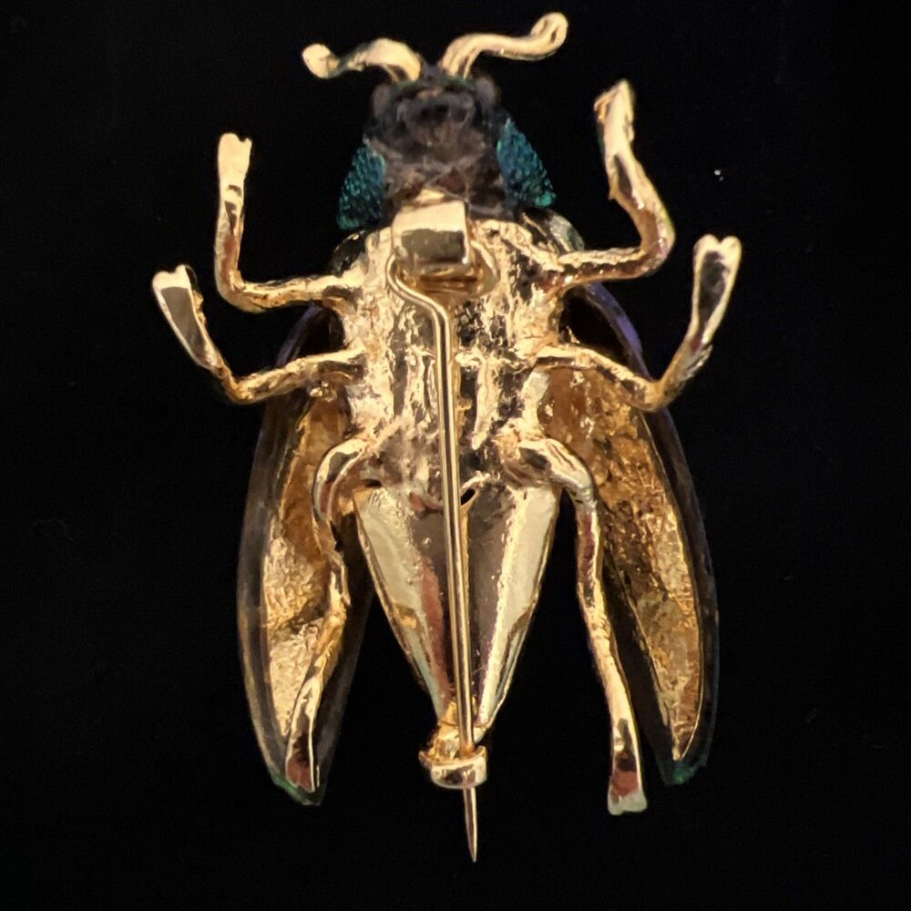 Beetle Wing Scarab Brooch Iridescent Emerald Rhinestone Gold Tone Pin - Picture 3 of 5